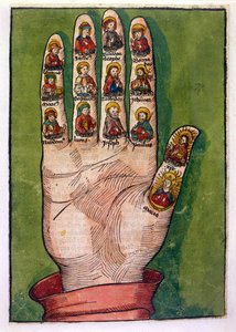 Mystische Hand der Birgitta von Schweden, die Christus, die Jungfrau Maria, Apostel und andere darstellt, 1491 von German School