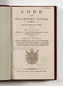 Napoleonischer Zivilprozesskodex für die französischen Departements am linken Rheinufer, geöffnet auf der Titelseite, Köln, 1809