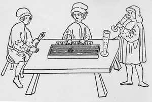 Eine der ersten Darstellungen eines Clavichords. Weimar, 15. Jahrhundert. von German School