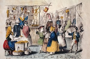 Freiluftmarkt in Deutschland, ca. 1860 (Farbstich) von German School