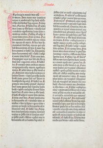 Eröffnungsseite des Buches Genesis aus der Gutenberg-Bibel, gedruckt von Johannes Gutenberg (ca. 1400-68) und Peter Schoeffer (1425-1502) in Mainz, 1454-56 (gedrucktes Papier)