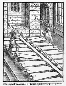 Orgelbälge und Bläser im Halberstädter Dom, aus Praetorius Syntagma Musicum, veröffentlicht 1619 von German School