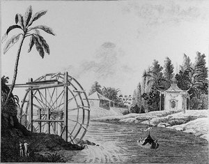 Ornamentales Wasserrad mit chinesischem Pavillon und Segelboot, aus 