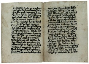 Seiten aus einer deutschsprachigen Ausgabe von Mirabilia Romae, Historia et Descriptio Urbis Romae von Pseudo-Aegidius Romanus, möglicherweise veröffentlicht von Ulrich Han, Rom, ca. 1475 von German School