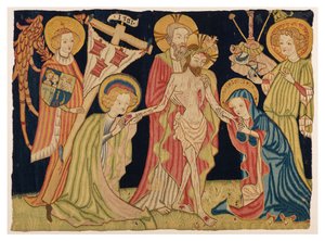 Teil eines Altartuch-Wandteppichs, der die Heilige Dreifaltigkeit, die Jungfrau, St. Johannes und zwei Engel darstellt, aus Nürnberg, ca. 1420