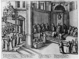 Papst Clemens VIII. akzeptiert die Unterwerfung des französischen Königs Heinrich IV. in St. Peter am 23. September 1595