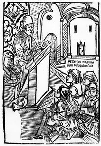 Porträt von Albertus Magnus mit einigen seiner Schüler, Illustration für die Titelseite von Epitomata, Reparaturen oder die gesamte Naturphilosophie von Aristoteles. von Gerardus de Harderwyck, veröffentlicht 14 von German School