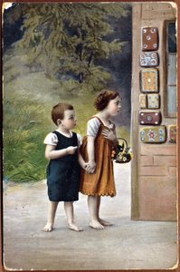 Postkarte mit Hänsel und Gretel vor dem Lebkuchenhaus von German School