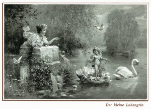 Postkarte, die Lohengrin mit dem Schwan darstellt