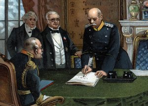Vorläufiger Friedensvertrag vom 26. Februar 1871, unterzeichnet in Versailles, Ende des Deutsch-Französischen Krieges zwischen dem Chef der Exekutivgewalt der Republik, Herrn Adolphe Thiers, und dem Außenminister, Herrn Jules Favre, Vertreter Frankreichs,