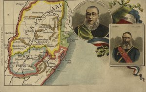 Präsident Paul Kruger, General Piet Joubert und eine Karte des Transvaal und Oranje-Freistaats