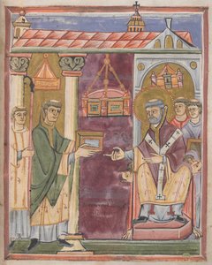 Priester präsentiert ein Buch [an St. Augustinus?] von German School