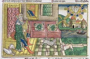 Psalmen: Frontispiz zeigt König David, der die Leier spielt, aus der Nürnberger Bibel (Biblia Sacra Germanaica) von German School