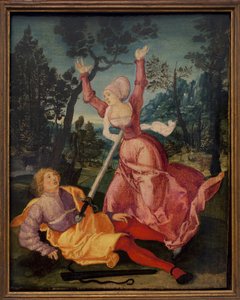 Pyramus und Thisbe. (Die beiden Babylonier liebten sich trotz des Widerstands ihrer Familien, beschlossen zusammen zu fliehen, sie treffen sich am Fuß eines Maulbeerbaums. Pyramus glaubt, dass seine Freundin von einer Löwin gefressen wurde und ersticht sic von German School