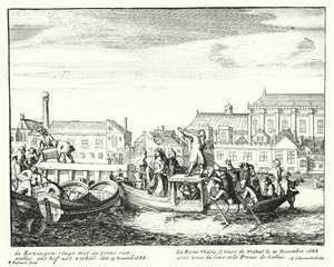 Königin Maria, Gemahlin von König Jakob II., flieht mit dem Prinzen von Wales und ihrem gesamten Hof aus England, Dezember 1688 (Gravur) von German School