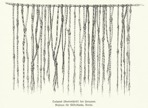Quipu, Mittel zur Aufzeichnung von Informationen mit geknüpften Schnüren, verwendet von den Völkern der Anden in Südamerika (Lithografie) von German School