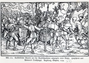 Rebellische Bauern umgeben einen Ritter, aus einer Illustration zu Trostspiegel von Petrarca, 1539