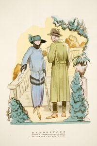 Rendezvous, Outfit und "Ulster"-Mantel von Fabian & Hrich, aus Styl, veröffentlicht 1922 von German School