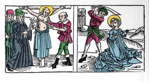 Darstellung des Martyriums der heiligen Seraphia (Serapia) (Seraphia von Syrien), Christin des 2. Jahrhunderts. Gravur aus „Leben der Heiligen - Sommerteil“ (Das Buch der Heiligen) von Jacobus (Jakob) von Voragine (1228-1298). Lübeck 1488. von German School