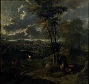 Reiter in einer Landschaft mit Stadt von German School