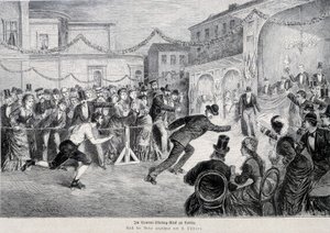 Rollschuhrennen in Berlin im Jahr 1878. von German School