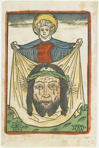 Die heilige Veronika mit dem Schweißtuch, ca. 1475 (handkolorierter Holzschnitt)