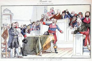 Satirische Karikatur, die die Dreyfus-Affäre als revolutionären Prozess darstellt