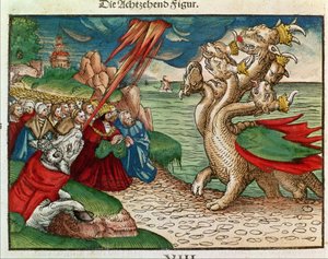 Siebenköpfige Schlange aus der Offenbarung, aus der Lutherbibel, um 1530