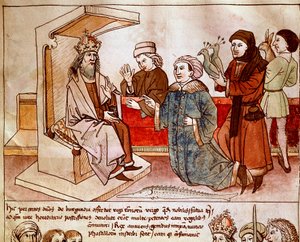 Sigismund I. von Luxemburg (1368-1437), Kaiser des Heiligen Römischen Reiches, empfängt den Tribut der unterworfenen Völker. Miniatur aus „Chroniken des Konzils von Konstanz“ von Ulrich Richental (1360-1437) um 1438, Prag, Nationalbibliothek