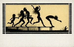 Silhouette von Kindern, die in einen See tauchen