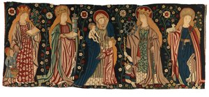 Wandteppichantependium, das St. Anna, die Jungfrau und Christus sowie vier weibliche Heilige darstellt, aus dem Mittelrhein