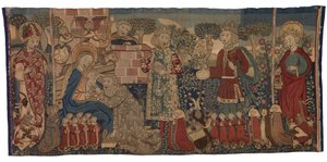 Wandteppich-Antipendium, das die Anbetung der Heiligen Drei Könige und zwei Heilige darstellt, Nürnberg von German School