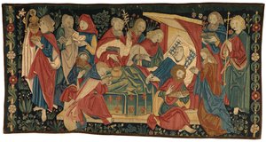 Wandteppich-Antipendium, das den Tod der Jungfrau darstellt, aus Nürnberg (Wolle, gelbe Seide & Goldfaden)