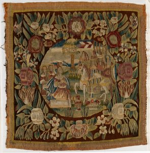 Wandteppich-Kissenbezug mit David und Abigail, Samuel XXV, möglicherweise hergestellt in Hamburg, Deutschland, um 1615 von German School