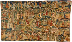 Wandteppich, der sechsunddreißig Szenen aus dem Alten und Neuen Testament zeigt, aus dem Mittelrhein