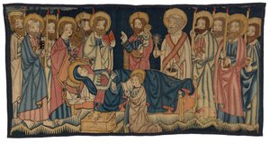 Wandteppichpanel, das den Tod der Jungfrau darstellt, aus dem Mittelrhein, möglicherweise Trier, Mitte des 15. Jahrhunderts