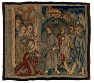 Wandteppichpanel mit Szenen aus der Passion von einem Antependium, aus dem Oberrheingebiet (Wolle & Leinen)