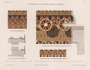 Terrakotta-Dekorationen aus dem Schatzhaus von Gela, Olympia, Griechenland (Farblithografie)