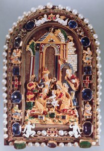 Die Anbetung der Könige, Reliefplatte mit Miniaturfiguren der vier Evangelisten und Putti, abwechselnd mit Saphiren, aus München von German School