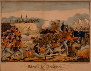 Die Schlacht von Fredericia während des Ersten Schleswig-Holsteinischen Krieges, 6. Juli 1849, Neuruppiner Bilderbogen, veröffentlicht von Oehmigke & Riemschneider, um 1850