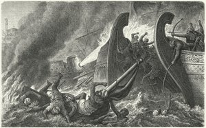 Die Byzantiner verwenden griechisches Feuer gegen eine angreifende arabische Flotte (Gravur) von German School