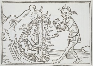 Der Teufel Belial vor den Toren der Hölle, aus Das Buch Belial, veröffentlicht in Augsburg, 1473