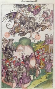 Der Sturz des Simon Magus, aus La Chronique de Nuremberg von Hartmann Schedel, Nürnberg, 1492 (Farbholzschnitt) von German School