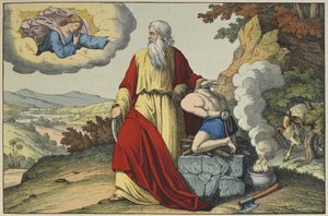 Das Opfer Isaaks durch Abraham, Illustration aus dem Alten Testament, veröffentlicht von Jakob Ferdinand Schreiber, Esslingen (Farbstich)