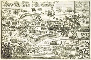 Die Belagerung von Neuhausel durch die Türken im Jahr 1663, Illustration aus einem Buch über die osmanischen Feldzüge in Europa, graviert von Paul Furst (ca.1605-66) von German School