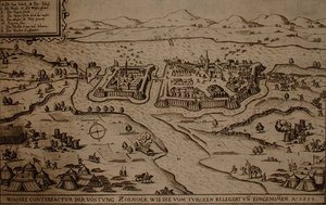 Die Belagerung von Zolnock durch die Türken 1552, Illustration aus einem Buch über die osmanischen Feldzüge in Europa, gestochen von Paul Furst von German School