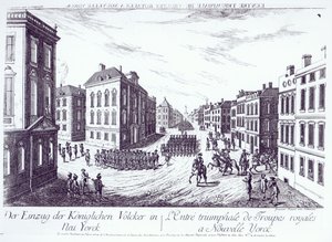 Der triumphale Einzug der königlichen Truppen in New York, 1776, graviert von Francois Xavier Habermann