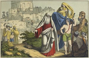 Der Bau des Turms von Babel, Illustration aus dem Alten Testament, veröffentlicht von Jakob Ferdinand Schreiber, Esslingen (Farbstich)