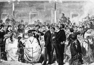 Die Prüfung der Lehrlinge in der Tonhalle, Berlin, durch ein Komitee der Friseurbranche am 3. Mai 1881 von German School