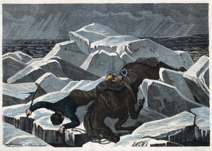 Der Sturz von Graf Sandor und seinem Pferd auf dem gebrochenen Eis der Donau. In „Wenn Jemand eine Reise tut, so kann er was erzählen“, deutsche Erzählung von Franz Wiedemann